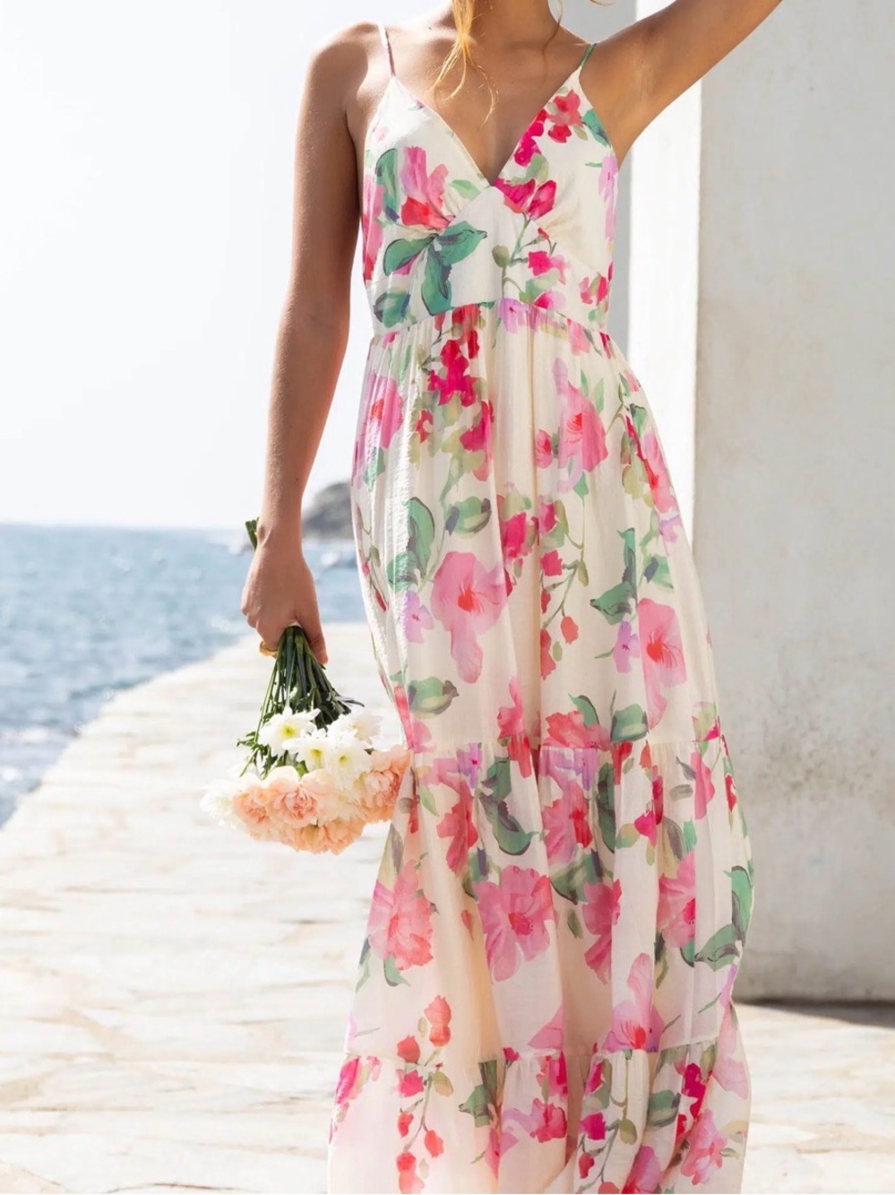 Floral Spaghetti-Strap Maxi Dress in Pink and Green